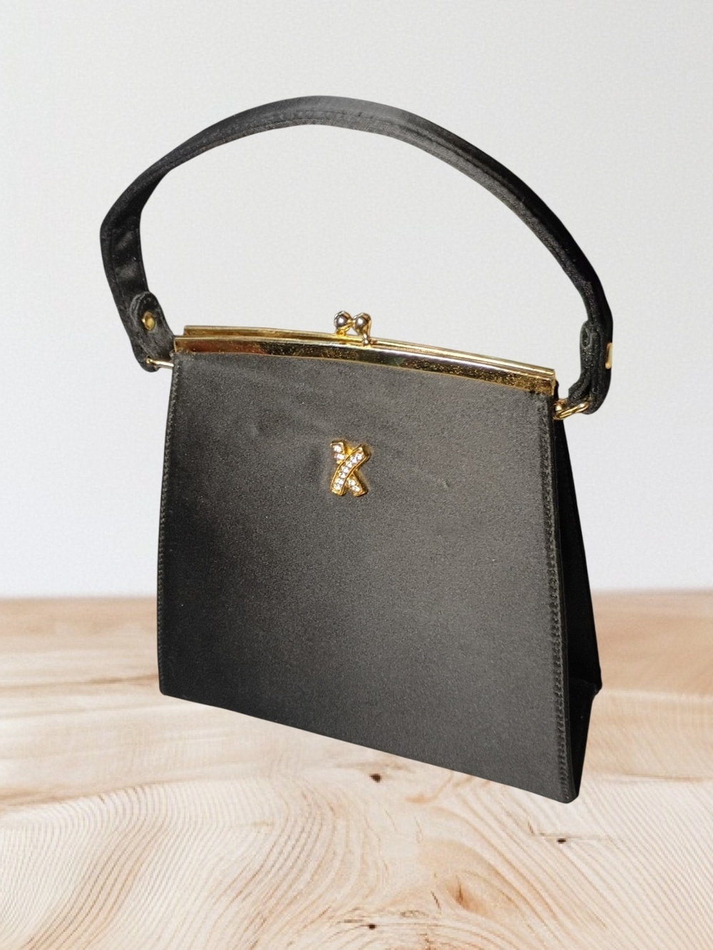 Classic Black Satin Evening Wristlet with Gold Detail